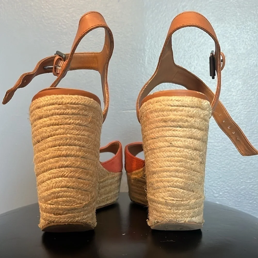 Dolce Vita Espadrille Wedge Heels, faux suede, orange and brown, women’s size 8